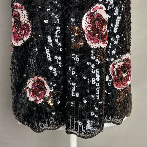 Forever 21 Top Black Pink Floral Sequin Beaded Sleeveless Whimsigoth Party Tank - Picture 6 of 9
